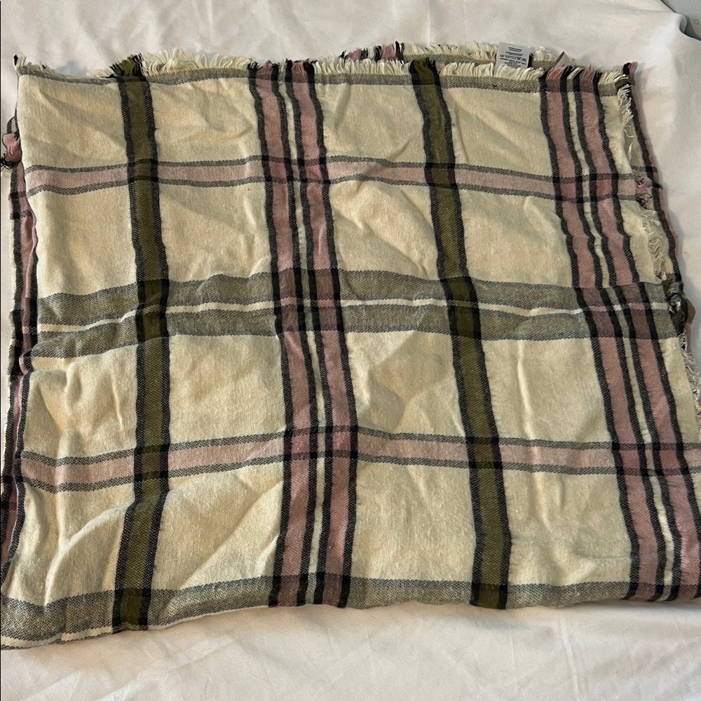Plaid Fringe Blanket Scarf in Olive, Cream and Pink